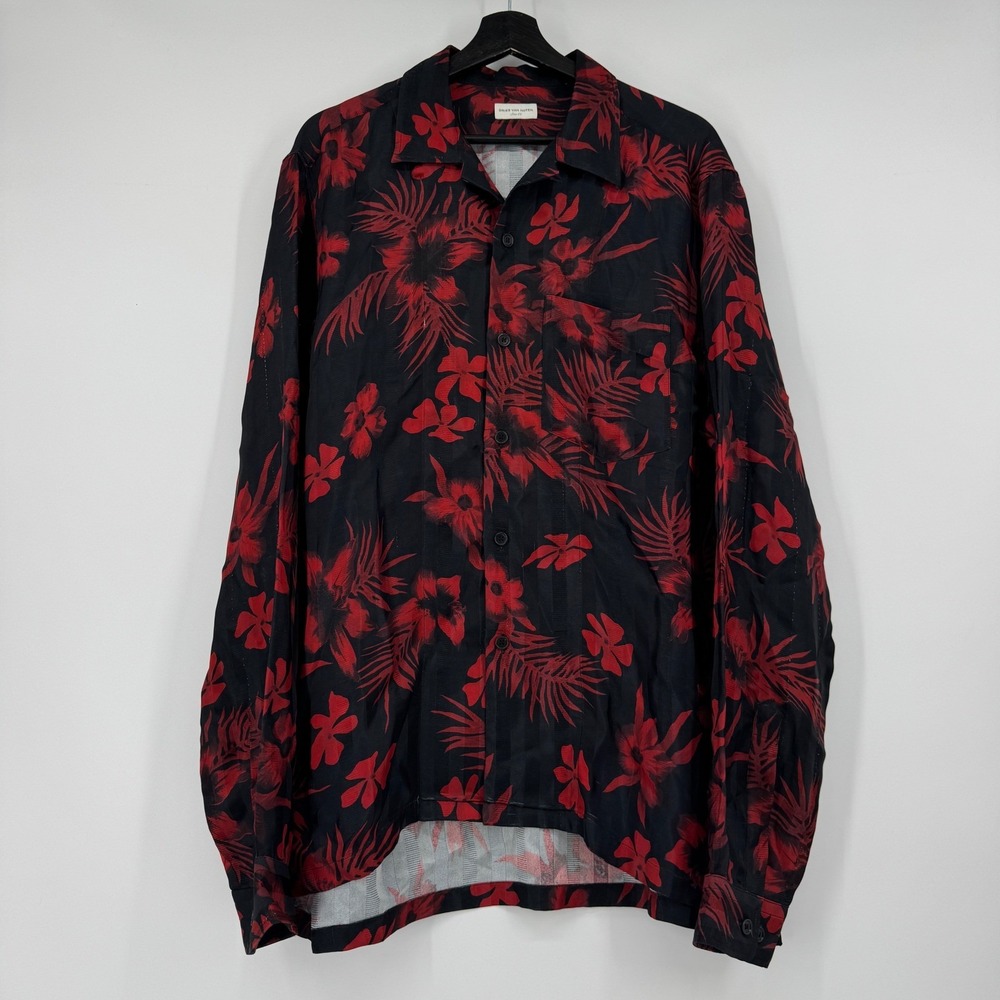 Dries Van Noten Mens XL 54 Red Black Floral Long Sleeve Button Up Shirt READ